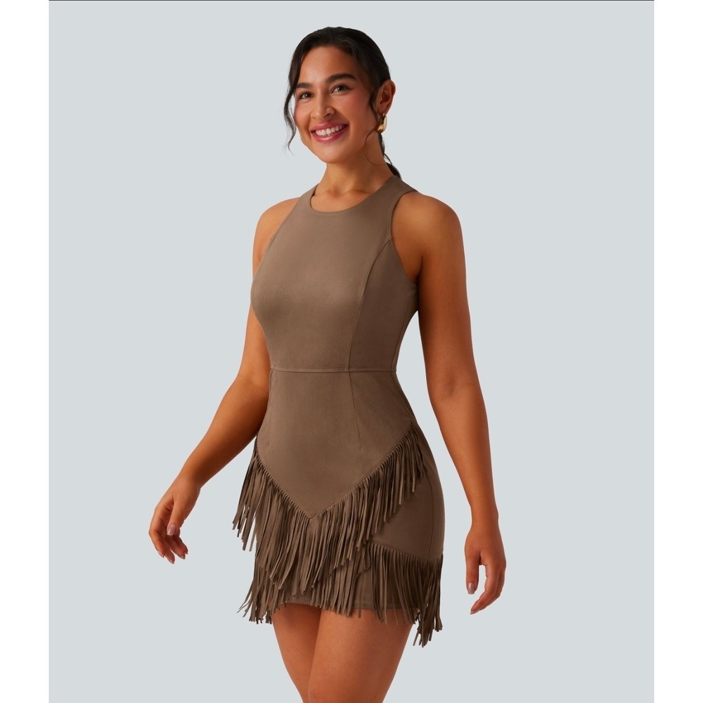 Halara Faux Suede Fringe Bodycon Mini Dress Brown Western Boho Sleeveless XS NWT